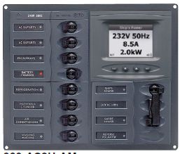 BEP Marinco Contour AC Mains Panel with Manual Changeover Switch + 8 Circuit Breakers + Digital Meter - Horizontal (113222 - SUR 900-AC2H-ACSM)