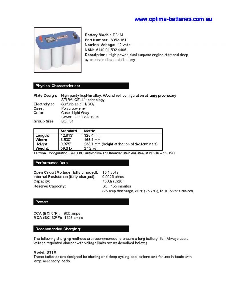 Optima Blue Top D31M - 12 Volt - 75Ah - 900CCA - Marine Spiral Cell AGM Dual Purpose Battery - Which is the best trolling motor battery? (D31M) - Image 3