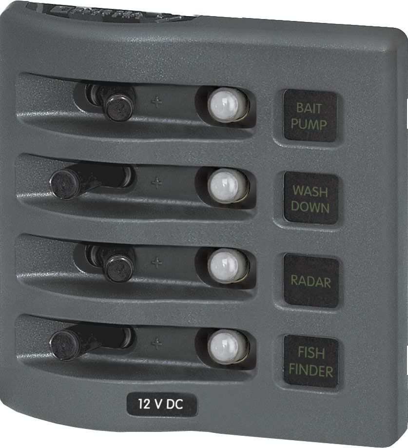 Blue Sea WeatherDeck 4 Switch Waterproof Circuit Breaker Panel - 12V and 24V - Vertical or Horizontal Mount - 12V or 24V Backlighting (BS4374B)