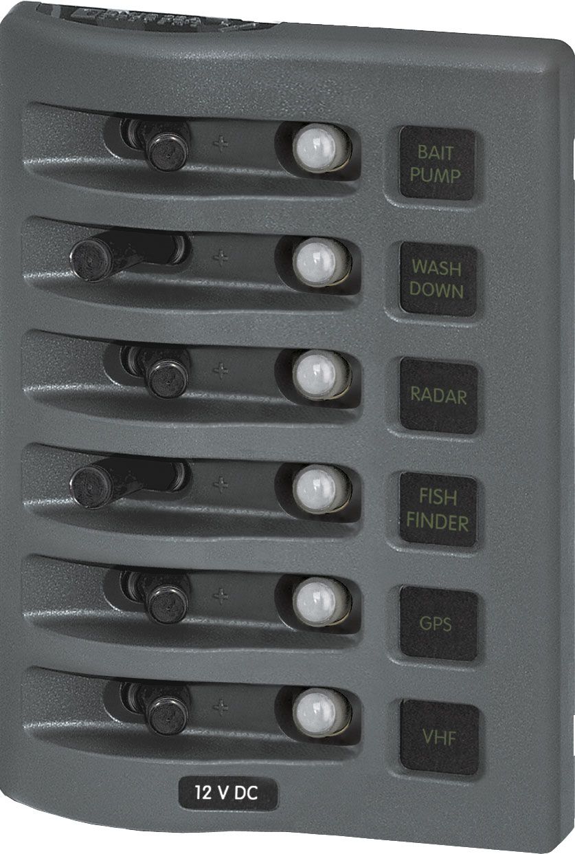 Blue Sea WeatherDeck 6 Switch Waterproof Circuit Breaker Panel - 12V and 24V - Vertical or Horizontal Mount - 12V or 24V Backlighting (BS4376B)