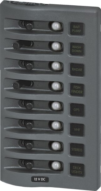 Blue Sea WeatherDeck 8 Switch Waterproof Circuit Breaker Panel - 12V and 24V - Vertical or Horizontal Mount - 12V or 24V Backlighting (BS4378B)