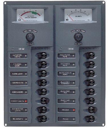 BEP Marinco Contour 16 Circuit Breaker DC Panel - Vertical with 12V Analog Voltmeter and Ammeter (113154 - SUR 904-AM)