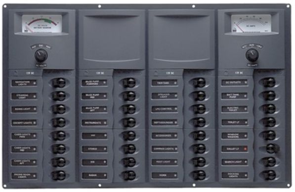 BEP Marinco Contour 32 Circuit Breaker DC Panel - Horizontal with 12V Analog Voltmeter and Ammeter (SUR 906-AM)