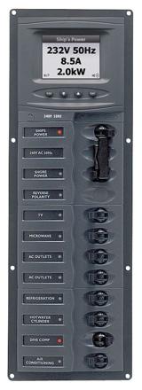 BEP Marinco Contour AC Mains Panel with Manual Changeover Switch + 8 Circuit Breakers + Digital Meter - Vertical (113226 - SUR 900-AC2V-ACSM)