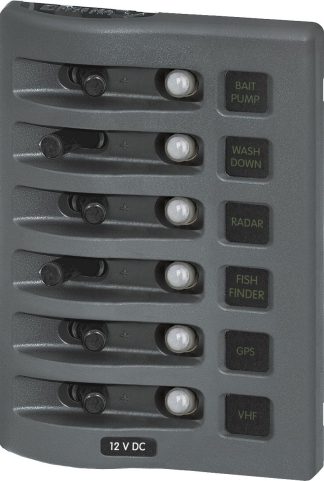 Blue Sea WeatherDeck 6 Switch Waterproof Circuit Breaker Panel - 12V and 24V - Vertical or Horizontal Mount - 12V or 24V Backlighting (BS4376B)
