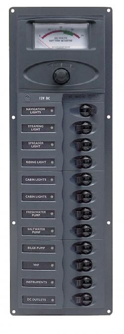 BEP Marinco Contour 12 Circuit Breaker DC Panel - Vertical with 12V Analog Voltmeter (902V-AM)