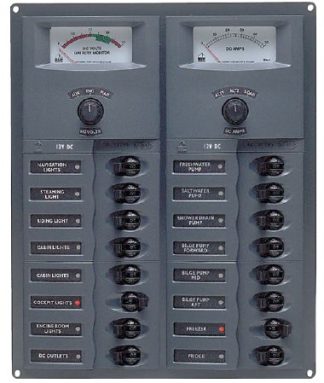 BEP Marinco Contour 16 Circuit Breaker DC Panel - Vertical with 12V Analog Voltmeter and Ammeter (113154 - SUR 904-AM)